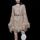 秋冬季 羽绒外套女 亮片修身 新款 大衣设计感名媛风羽毛拼接喇叭袖