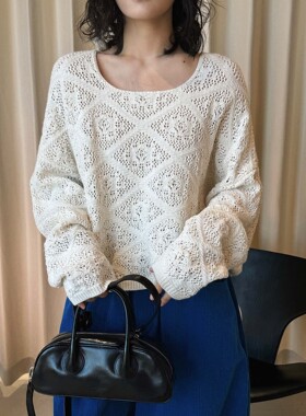 春季新款韩系简约时髦方领镂空针织罩衫毛衣宽松廓形上衣女