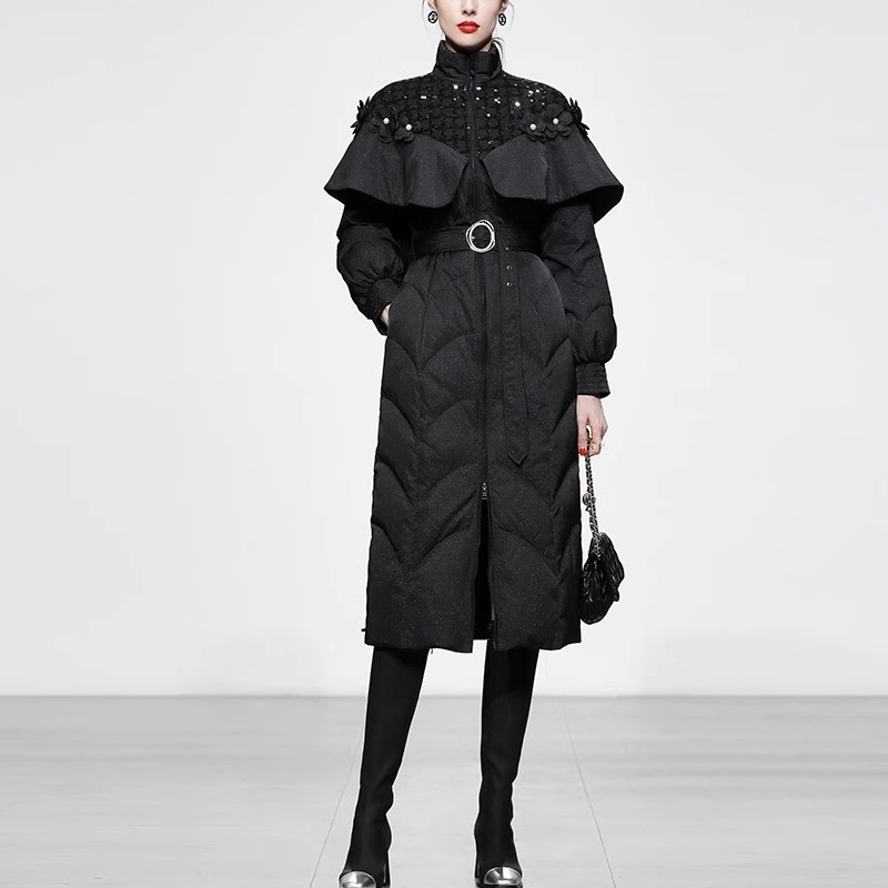 冬季新款女装黑色收腰中长款白鸭绒羽绒服加厚修身中长羽绒服