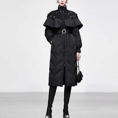 冬季新款女装黑色收腰中长款白鸭绒羽绒服加厚修身中长羽绒服