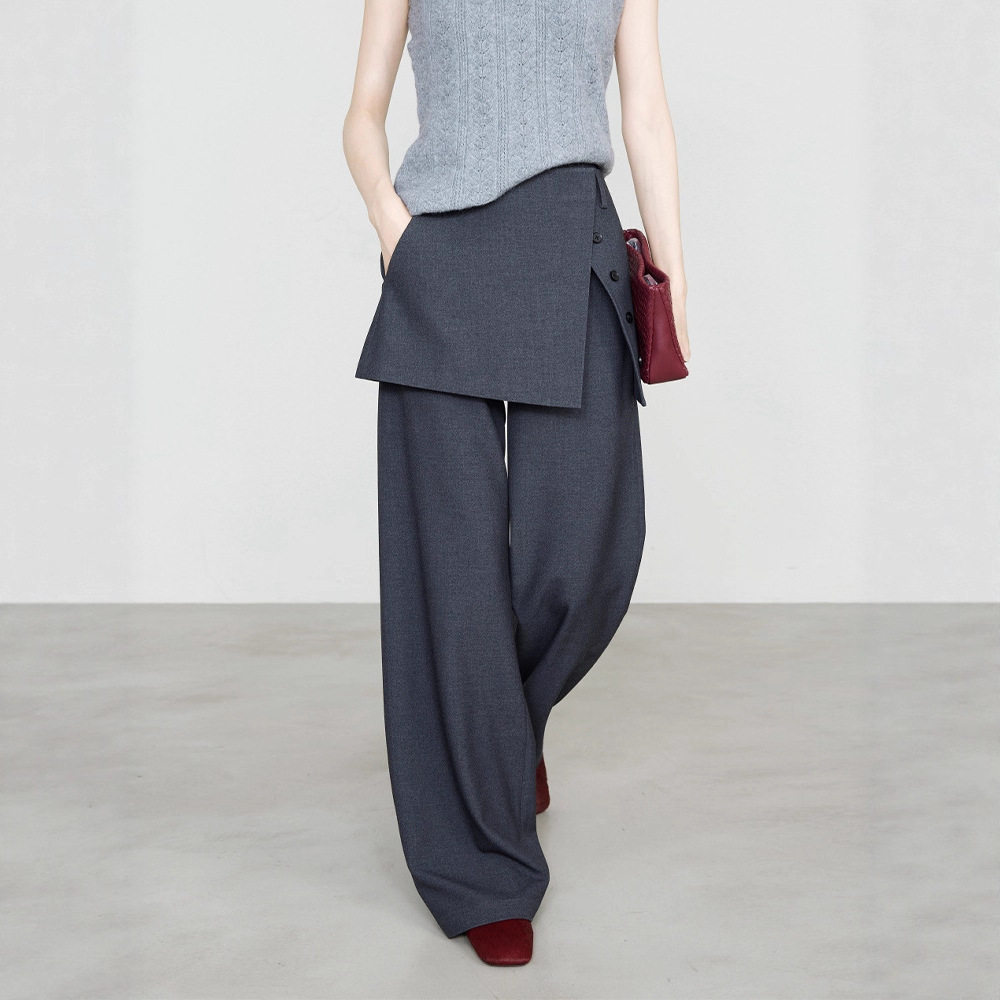 时髦真两件裙帘裤微喇直筒裤铜氨天丝羊毛灰色西装裤女士