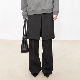 小众极简风时髦博主层次感假两件开叉微喇裙裤女直筒阔腿裤子