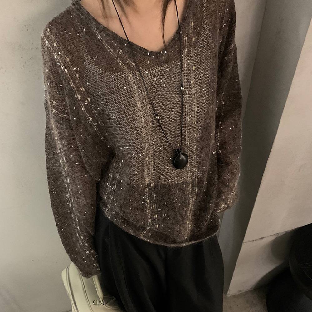 老钱风马海毛毛衣女薄款2026秋季新款女装V领宽松羊毛针织衫上衣