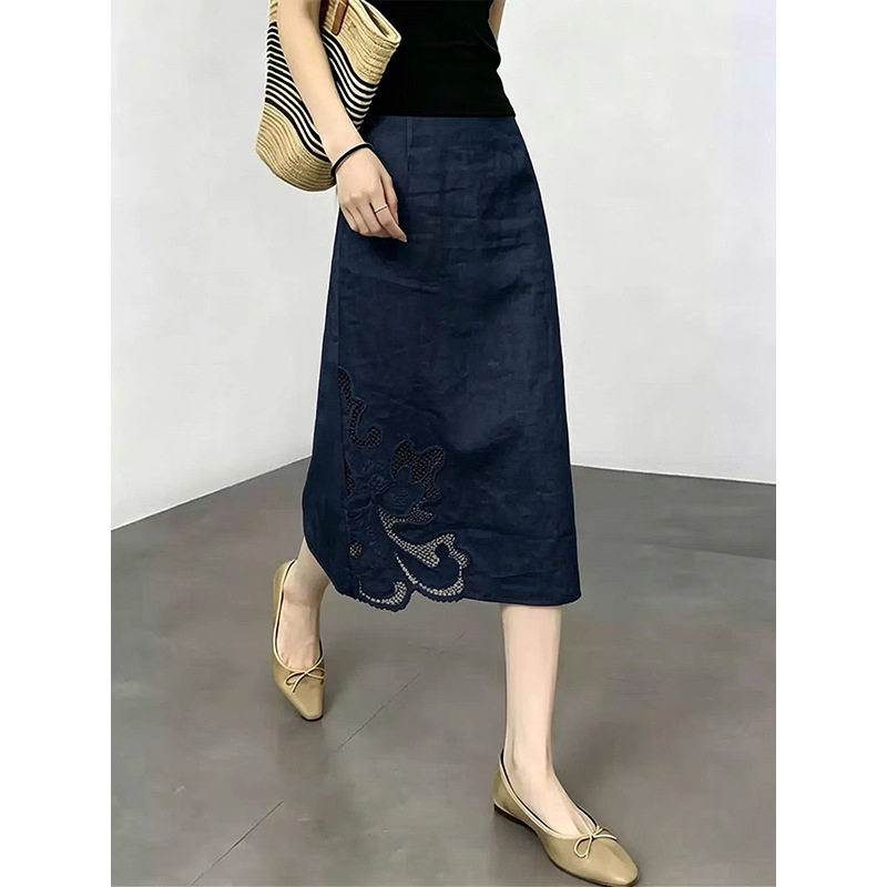 藏青色蕾丝拼接半身裙女新款显瘦时尚a字裙半裙