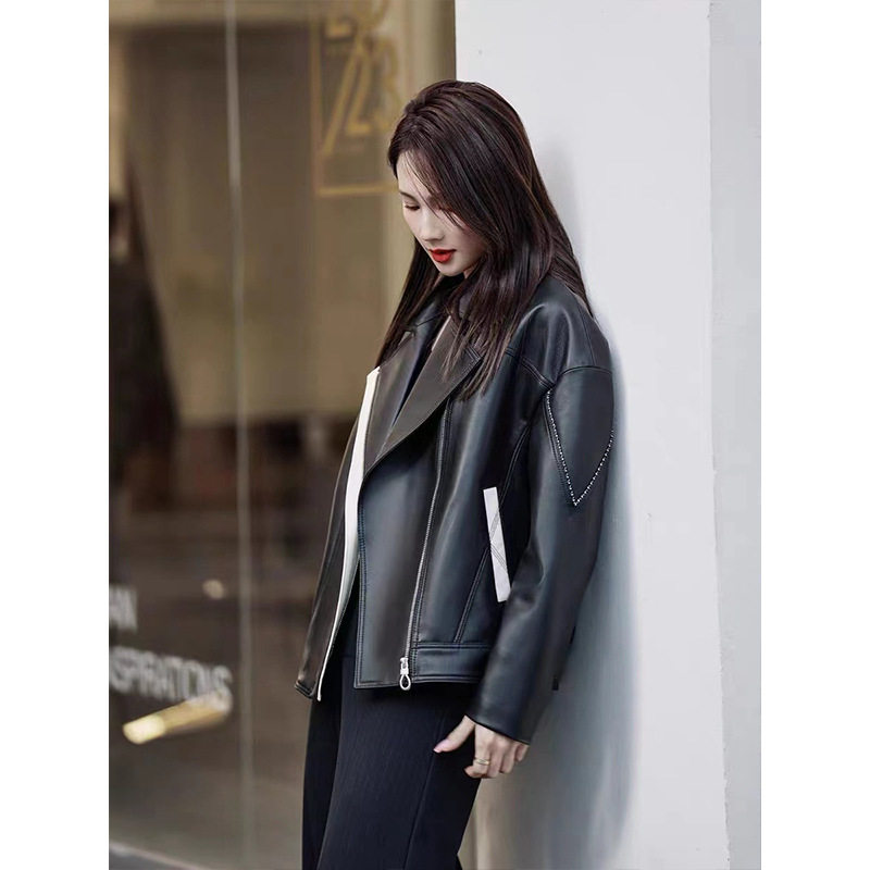 防皱长袖翻领真皮皮衣外套黑色新款春秋爆款绵羊皮女装机车服