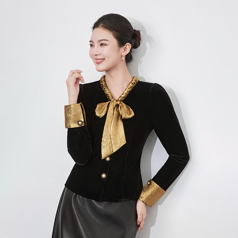 丝绒法式蝴蝶结系带洋气拼色收腰显瘦上衣女衬衫