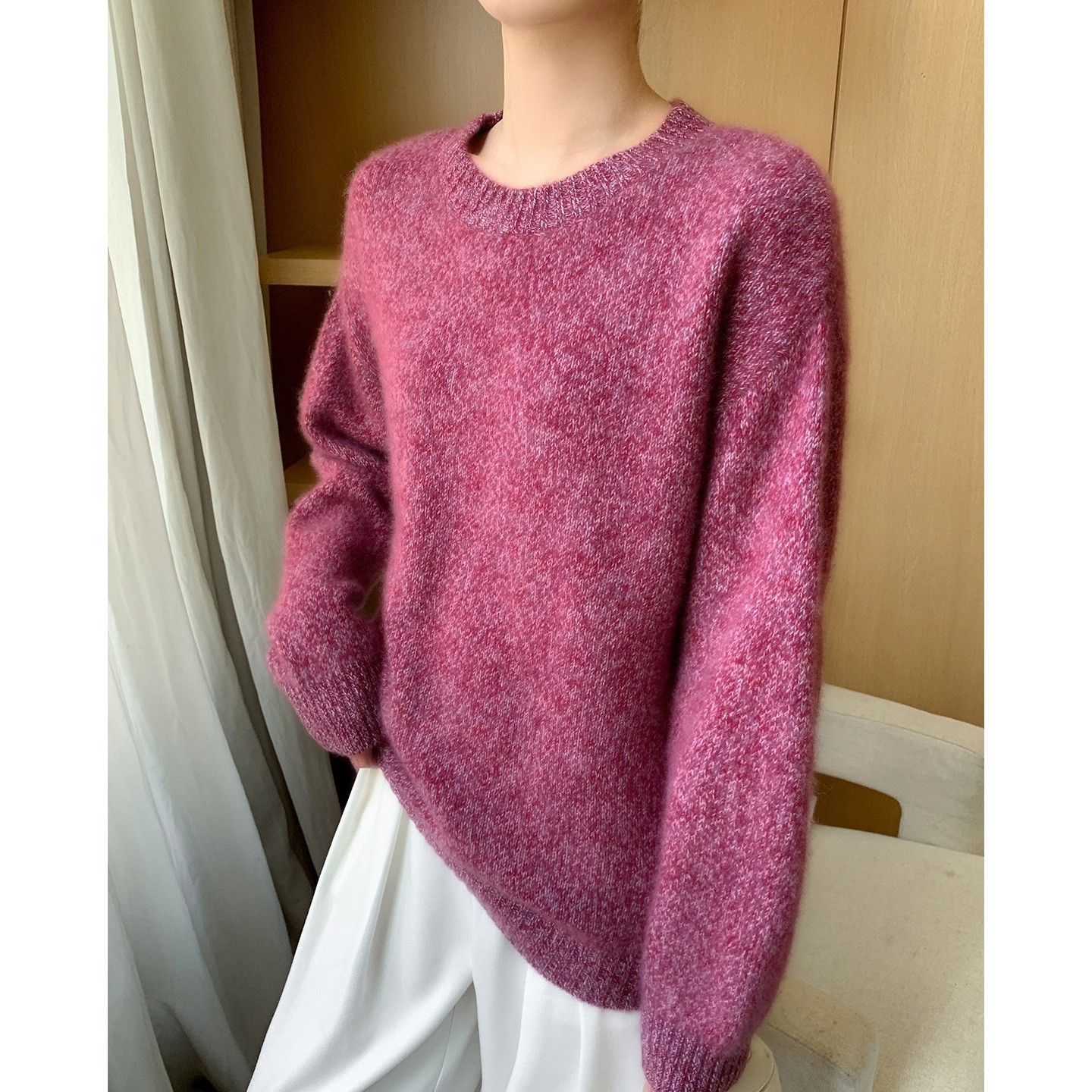 新款秋冬2025年100羊毛七针加厚圆领针织衫长袖女花纱套头打底衫