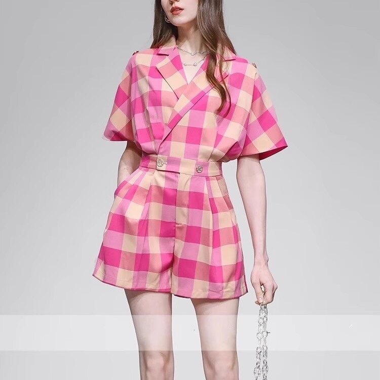 女装夏季新款时尚气质通勤经典翻领连肩袖收腰修身阔腿连体短裤