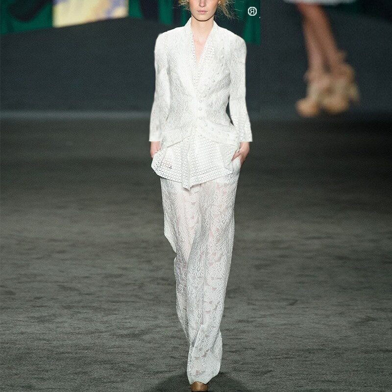 春夏季新款时髦洋气名媛气质职业蕾丝阔腿裤套装时尚显瘦两件套