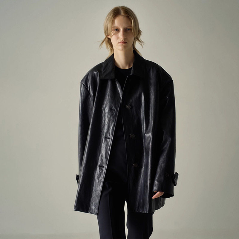 皮衣女2026春秋新款极简风气质高级感翻领夹克外套