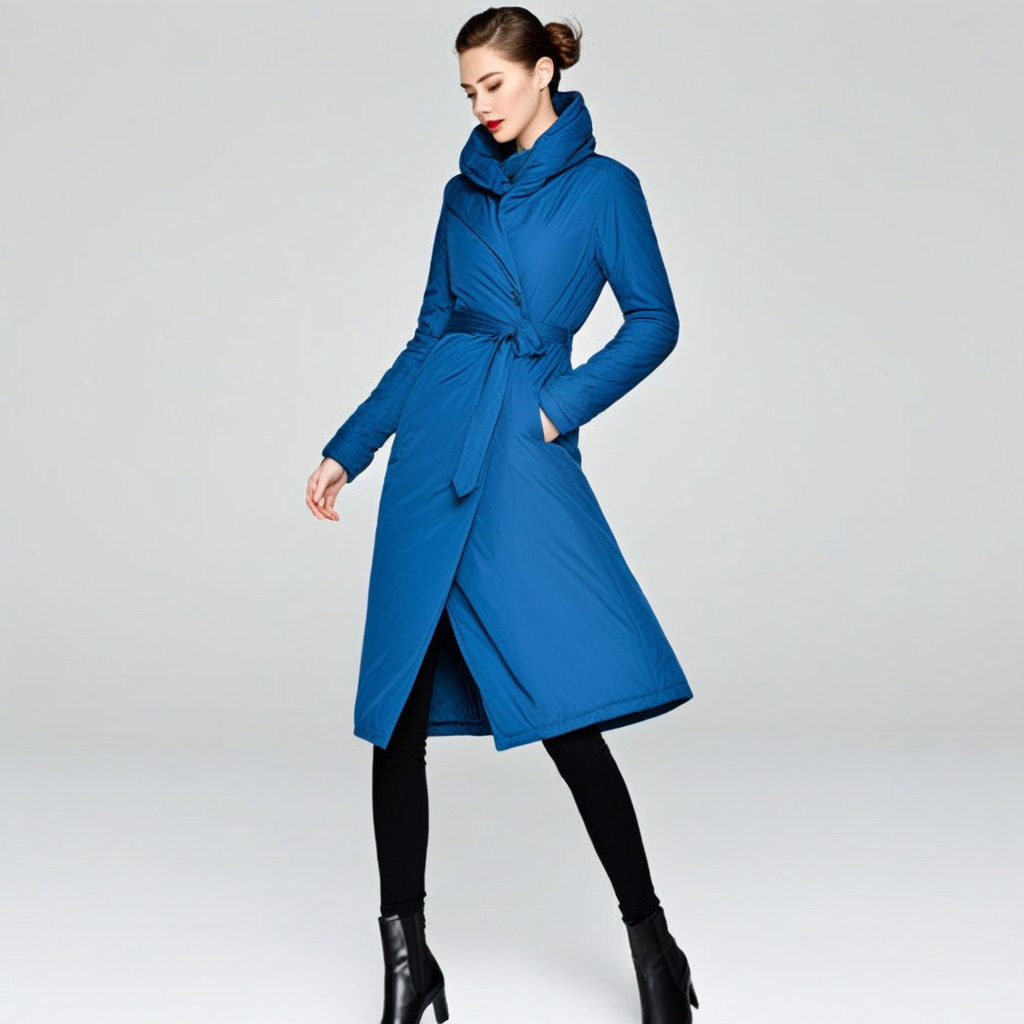 新款羽绒服前双层斜襟长款外套连帽收腰冬季白鸭绒外套