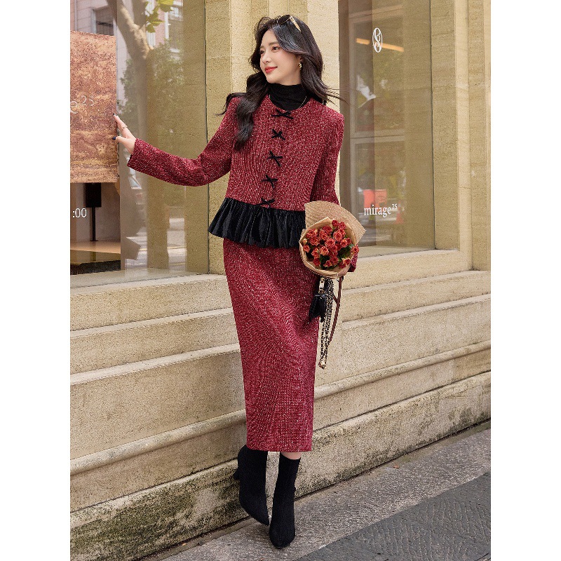 2025秋冬新款小香风粗花呢红色外套半身裙两件套女气质显瘦套装裙