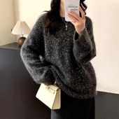 繁星闪耀 珠片纱圆领马海毛毛衣女宽松针织衫 秋季 女装 慵懒上衣