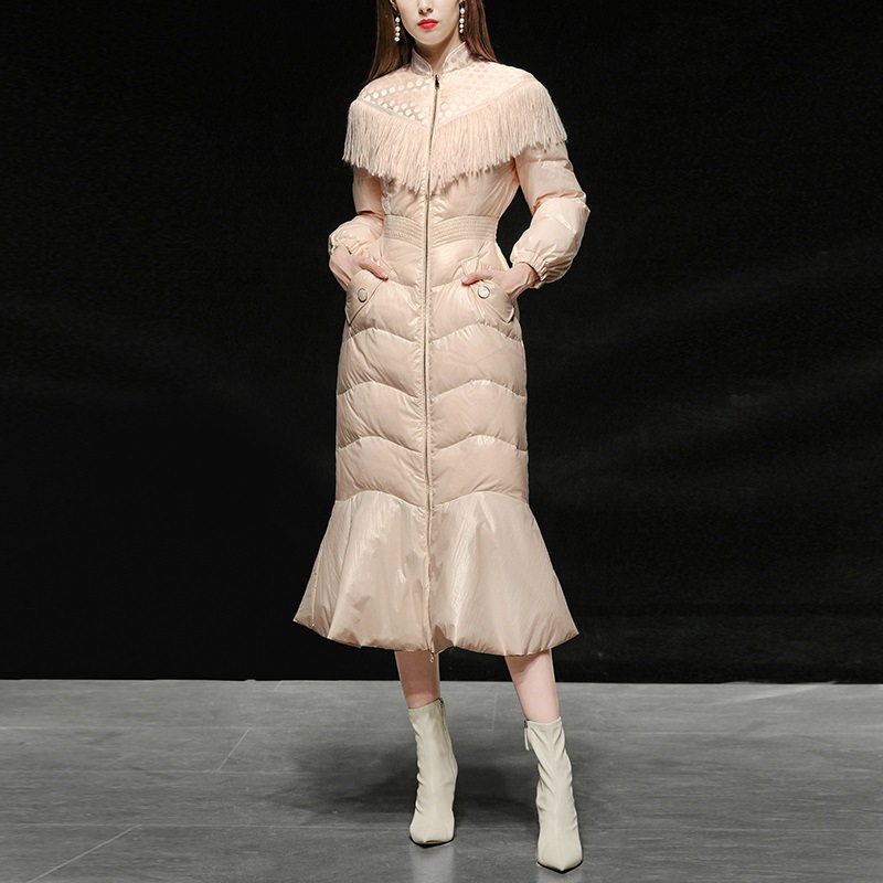 冬季新款女装名媛立领流苏拼接荷叶显瘦中长款时尚羽绒服外套