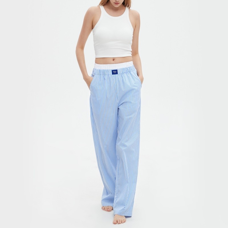 双腰头设计纯棉条纹阔腿裤宽松直筒裤休闲长裤女士外穿家居裤睡裤