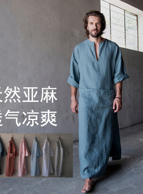 夏薄款棉麻睡袍男文艺复古长袍睡裙浴袍家居服男宽松大码麻棉睡衣
