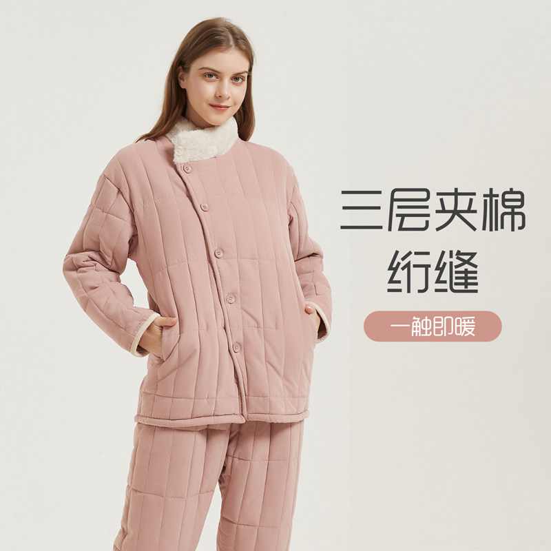 防风保暖三层夹棉睡衣女冬季加厚加绒大码棉袄外套可外穿家居服