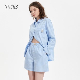 蓝白休闲长裤 睡衣女春秋短裤 可外穿家居服 套装 7VEILS纯棉条纹衬衫