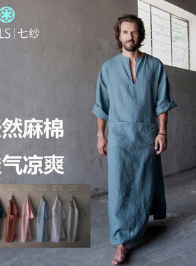 夏薄款棉麻睡袍男文艺复古长袍睡裙浴袍家居服男宽松大码麻棉睡衣
