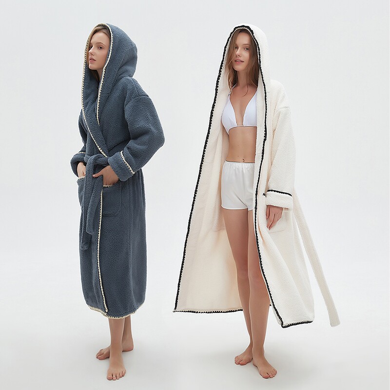 连帽加厚加绒长款睡袍女款冬季新款带帽浴袍毛绒睡衣外袍家居服