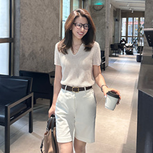 2025夏季新品 钩花短袖镂空针织衫女POLO领清爽透气针织上衣H-057