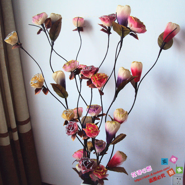 干花干支金粉彩色玫瑰花真树叶diy手工花仿真花假花落地装饰花艺
