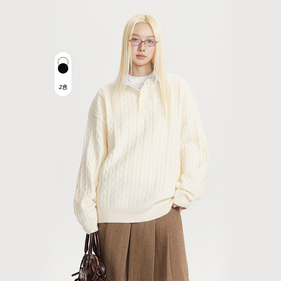 美式学院风假两件拼接毛衣男女冬季宽松翻领针织衫减龄毛线上衣09