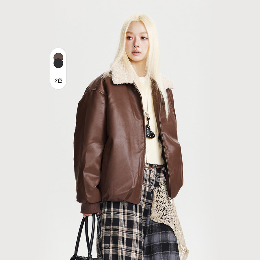秋冬美式复古PU皮羊羔毛领夹克