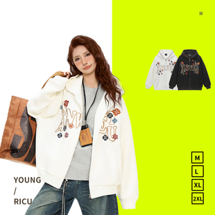 国潮春秋新款美式复古刺绣连帽开衫卫衣中性风男女宽松潮流上衣SW