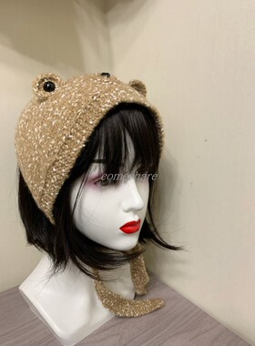 可爱猫耳朵帽兜手工编织帽带雪点丝质马海毛女孩发箍学院风发带
