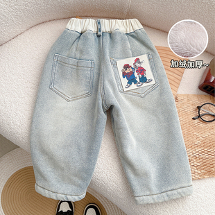 男童加绒裤子冬装儿童加厚牛仔裤一体羊羔绒宝宝冬季保暖弹力长裤
