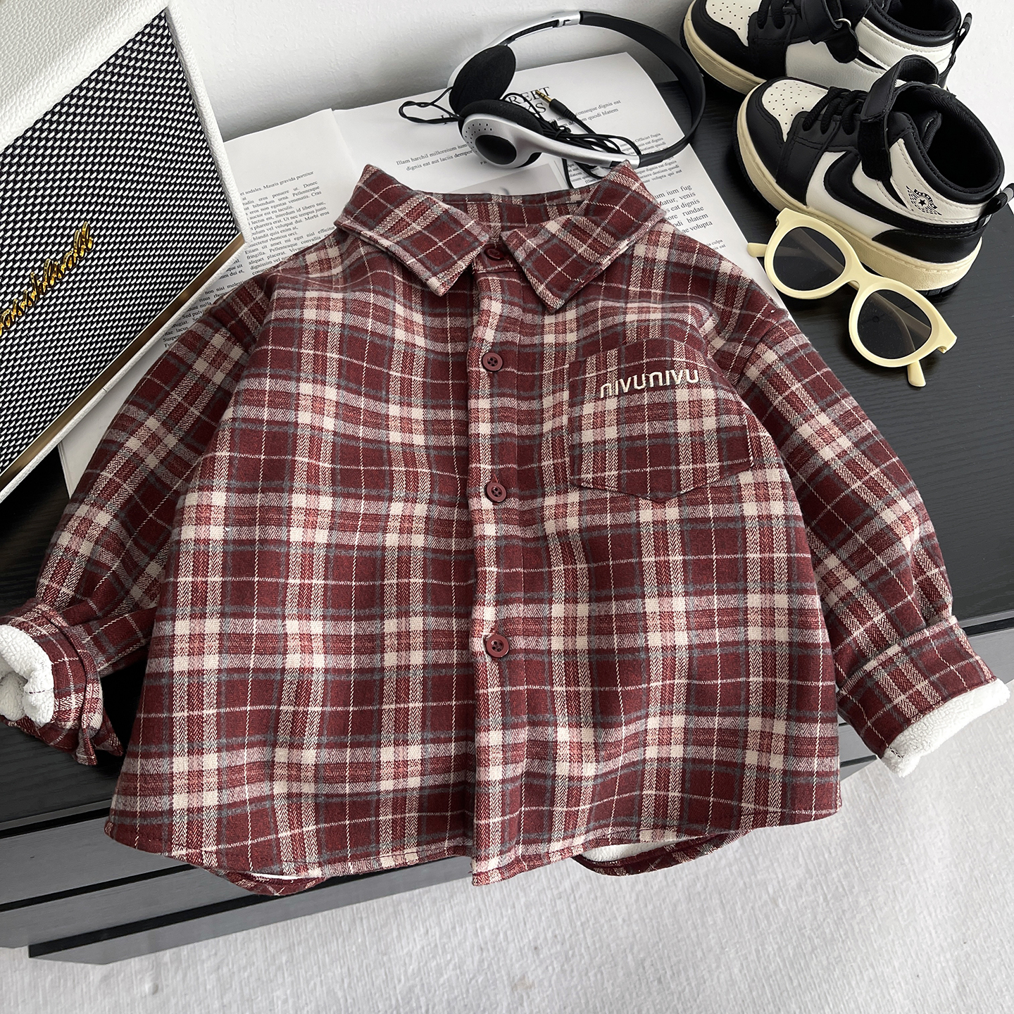 加绒男童衬衫秋冬休闲格子上衣