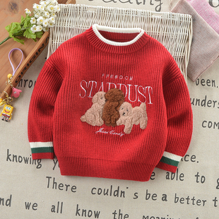 男童毛衣秋冬装儿童红色针织衫加厚宝宝羊绒衫过年男孩打底毛线衣