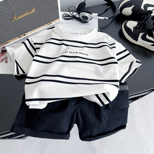 男童夏季套装帅气儿童条纹短袖T恤两件套2025新款宝宝夏天衣服薄t