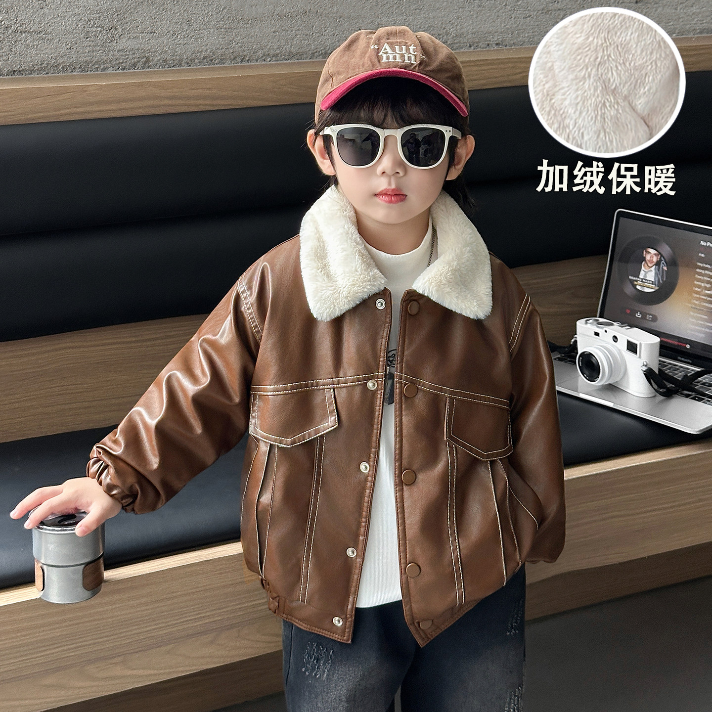 加绒男童皮衣外套冬季保暖皮夹克