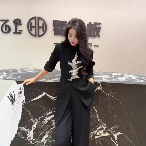 高级感刺绣中式西装阔腿两件套女
