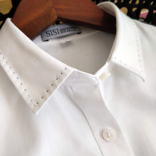 十四姐姐高端休闲春秋新款人字纹全棉免烫修身衬衫拱针原创女装白