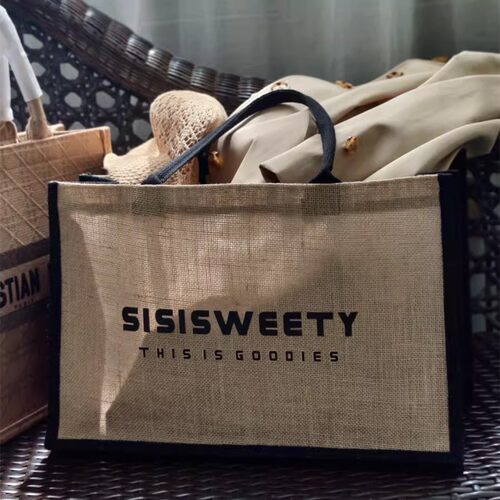 sisisweety露营收纳麻编手袋托特包购物袋手提斜挎收纳风衣包黑色