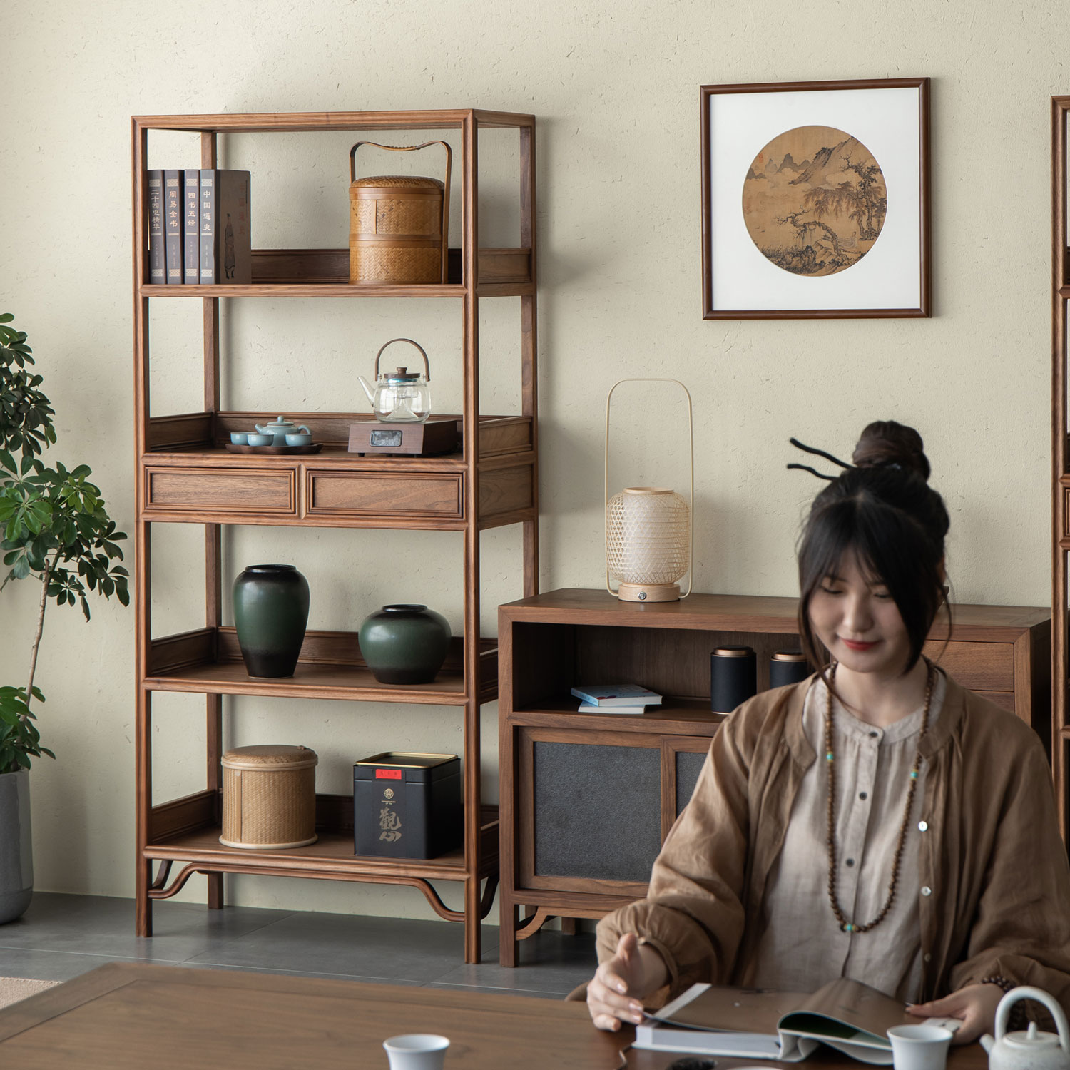 新中式黑胡桃原木书架禅意博古架