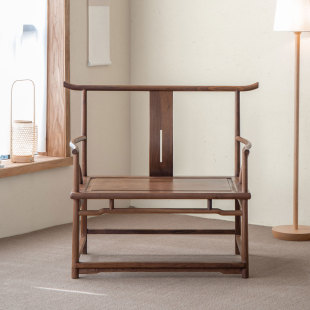 杪轩禅意新中式禅椅黑胡桃老榆木免漆实木扶手休闲椅宽椅打坐椅子