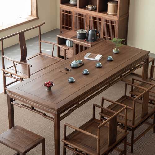 新中式茶桌明式黑胡桃木茶室家具