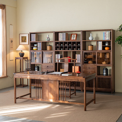 杪轩新中式黑胡桃木书桌实木茶桌仿古禅意大画案书房书法桌书画桌