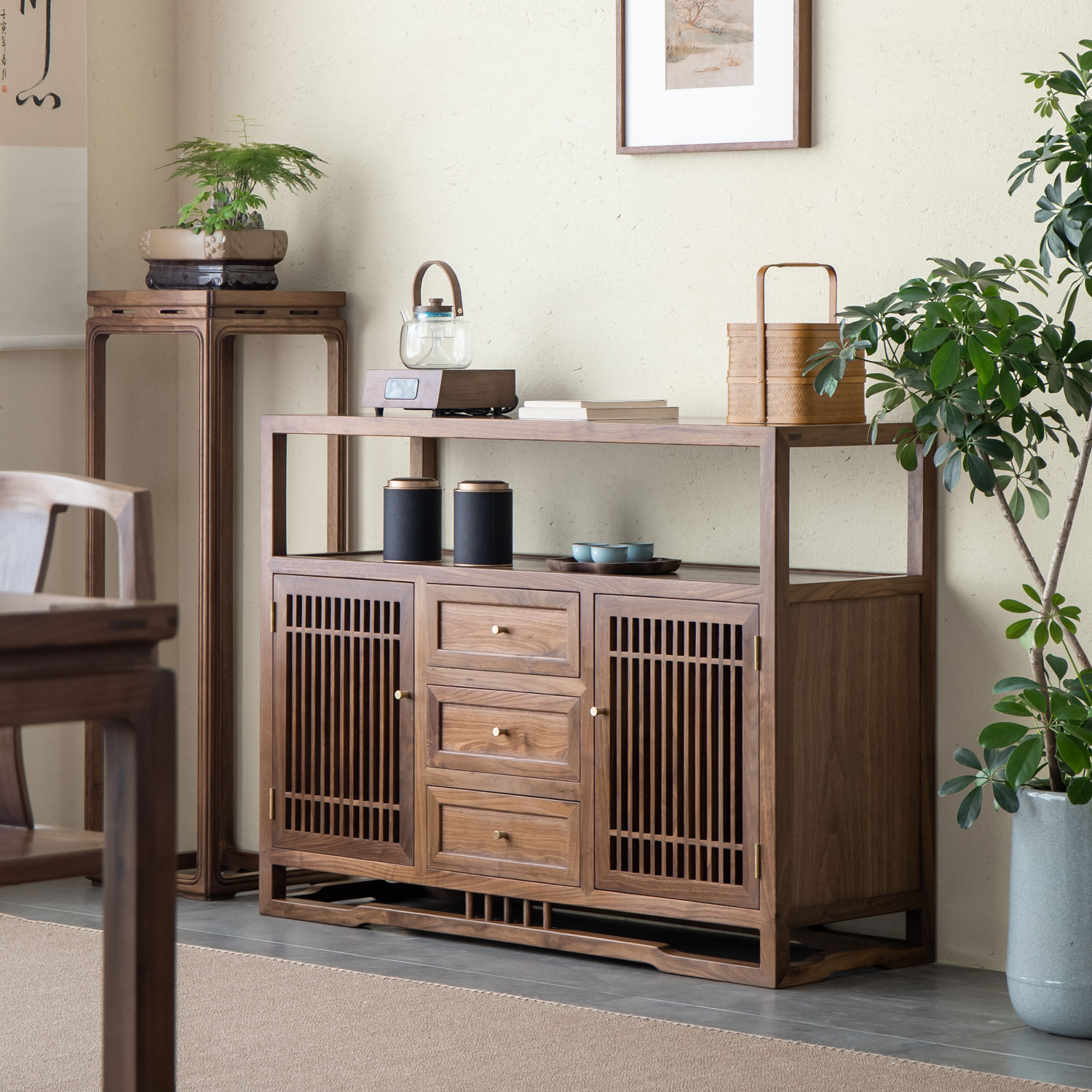 新中式黑胡桃木餐边柜靠墙茶水柜