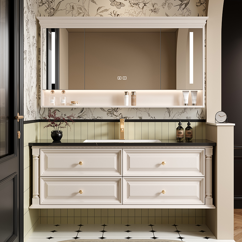法式奶油风高端橡木浴室柜卫生间岩板无缝一体洗手洗脸台盆柜组合