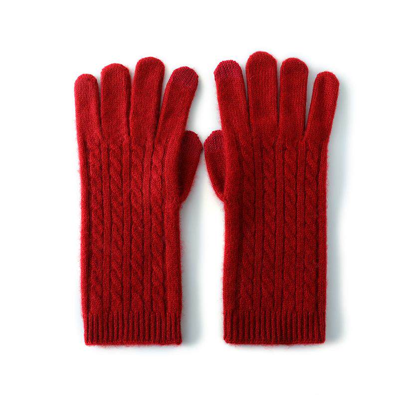 绞花触屏手套女100%纯羊绒秋冬保暖针织五指全指分指软糯纯色百搭