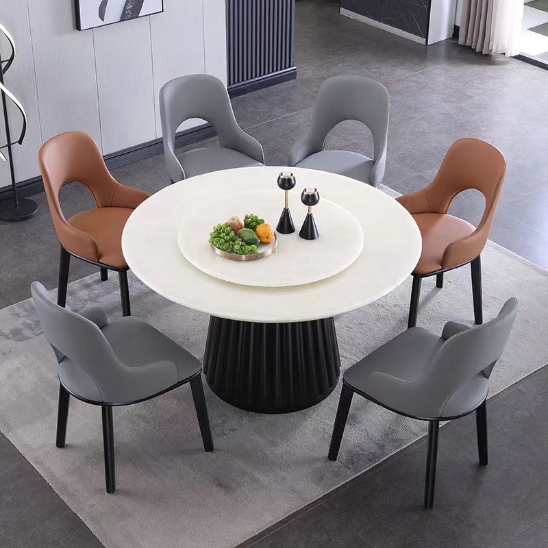 高档天然玉石轻奢石大理石圆桌实木餐桌椅带转盘白冰玉别墅大户型