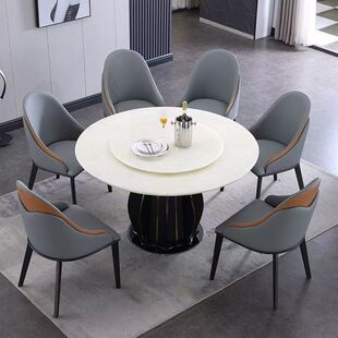 轻奢天然白冰玉大理石餐桌奢石圆餐桌椅组合别墅高级玉石圆形饭桌