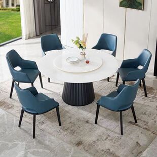 高档天然玉石轻奢石大理石圆桌实木餐桌椅带转盘白冰玉别墅大户型