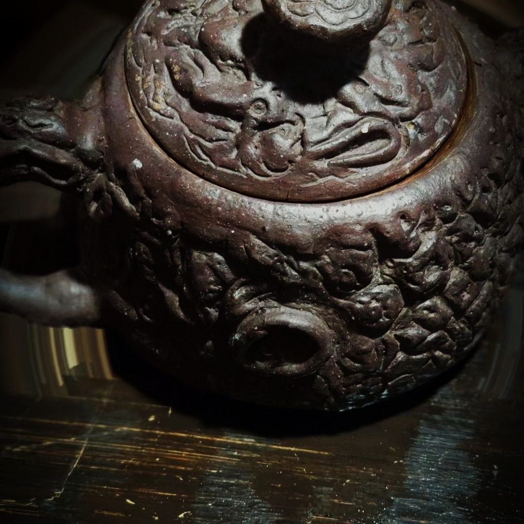 侘寂风民宿围炉煮茶纯手工柴烧黑铁泥灵芝拱春壶瑕疵四件套