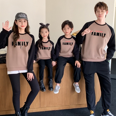 休闲亲子装春一家三口插肩袖卫衣